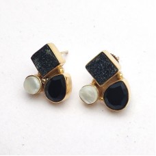 Black Druzy Onyx Pearl Gold Plated Fashion Stud Earrings 6.35 Gms